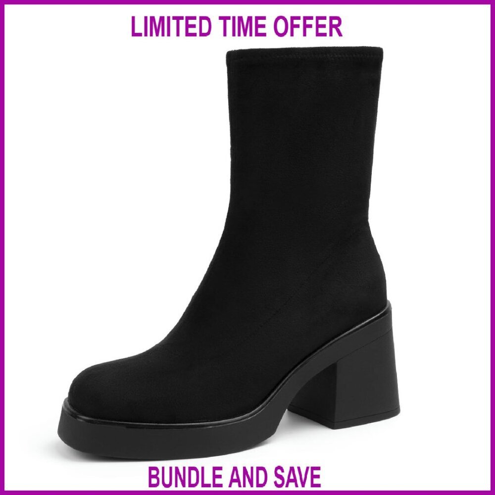 Square Toe Stretch Mid Boots Platform Block Heel Suede Zip Ankle Booties